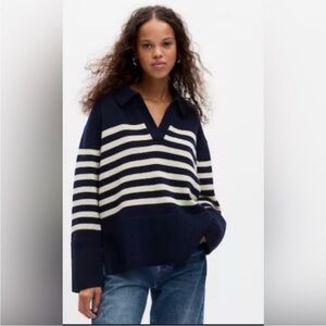 GAP Navy and Cream Striped Collared V-Neck Sweater